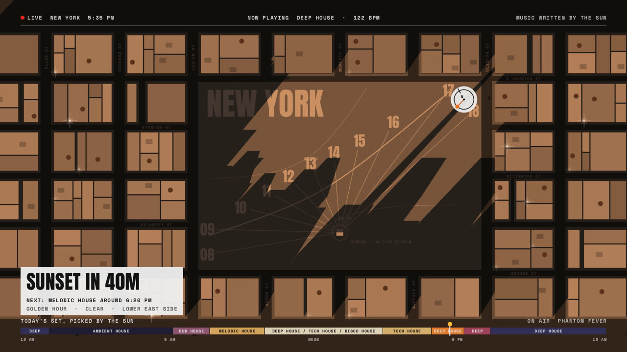 HELIODON New York: a top-down city grid around a sundial, towers casting long golden-hour shadows